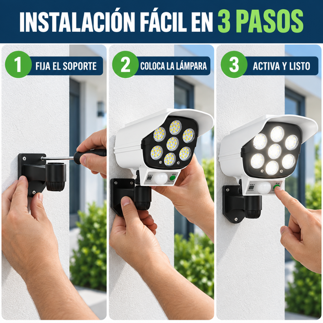 LAMPARA SOLAR TIPO CAMARA CON SENSOR DE MOVIMIENTO - Carga de día e ilumina de noche