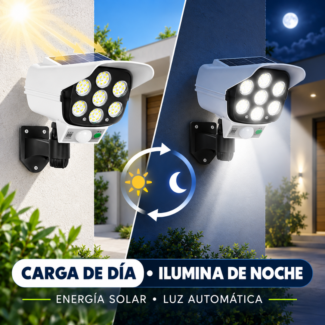 LAMPARA SOLAR TIPO CAMARA CON SENSOR DE MOVIMIENTO - Carga de día e ilumina de noche
